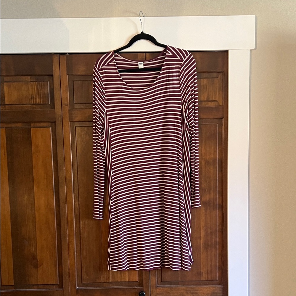 Old Navy Burgundy and White Striped Long-Sleeve Dress